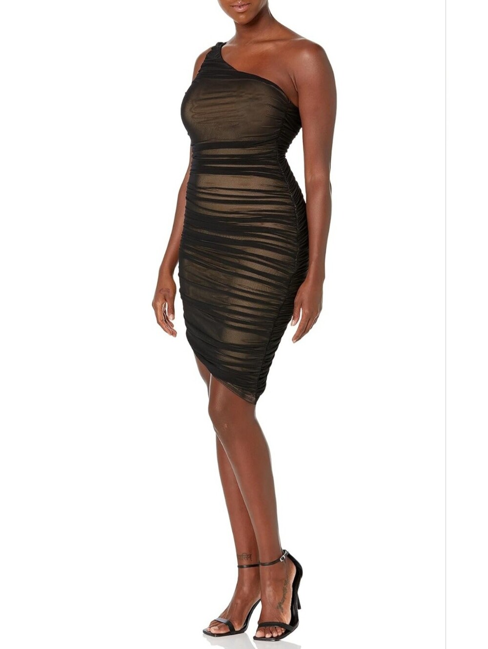 NWT Speechless Black One Shoulder Mesh Ruched Bodycon‎ Dress Size Large